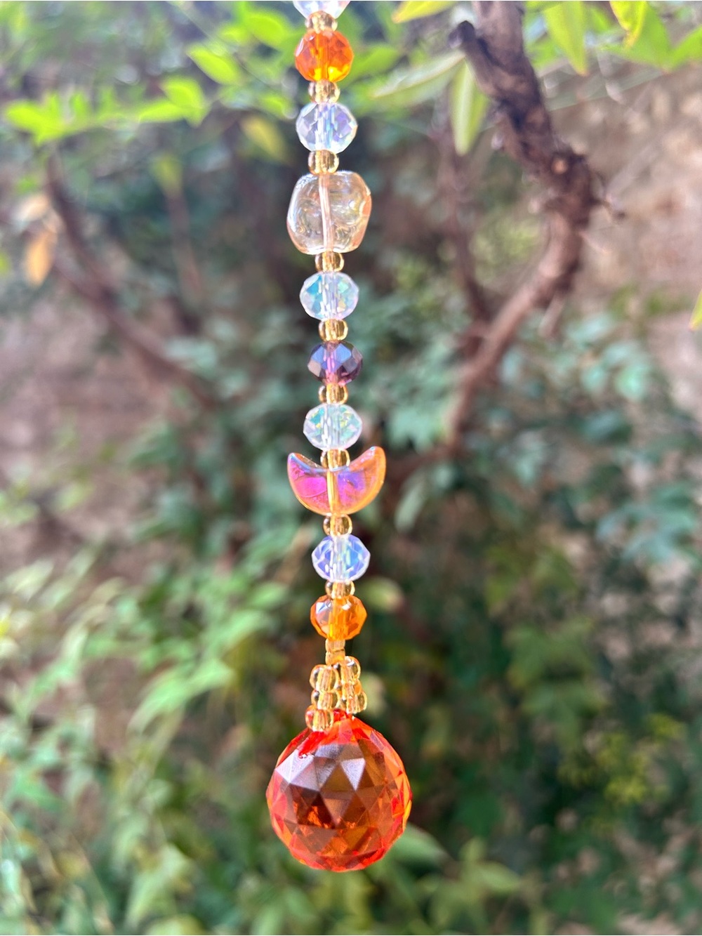 9” Orange prism + moon crystal beaded small suncatcher sun charm decor